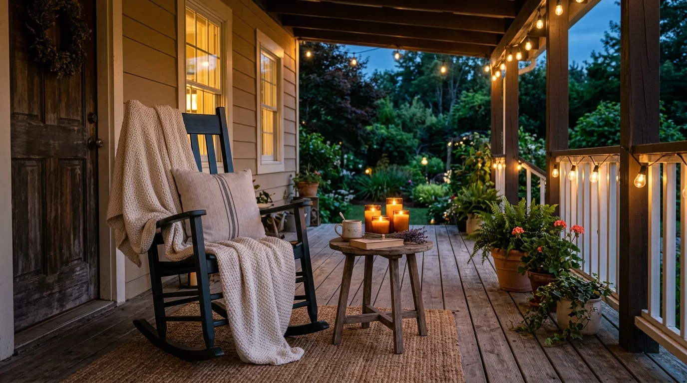 Winter porch styled with birch logs in a basket and natural decor accents.