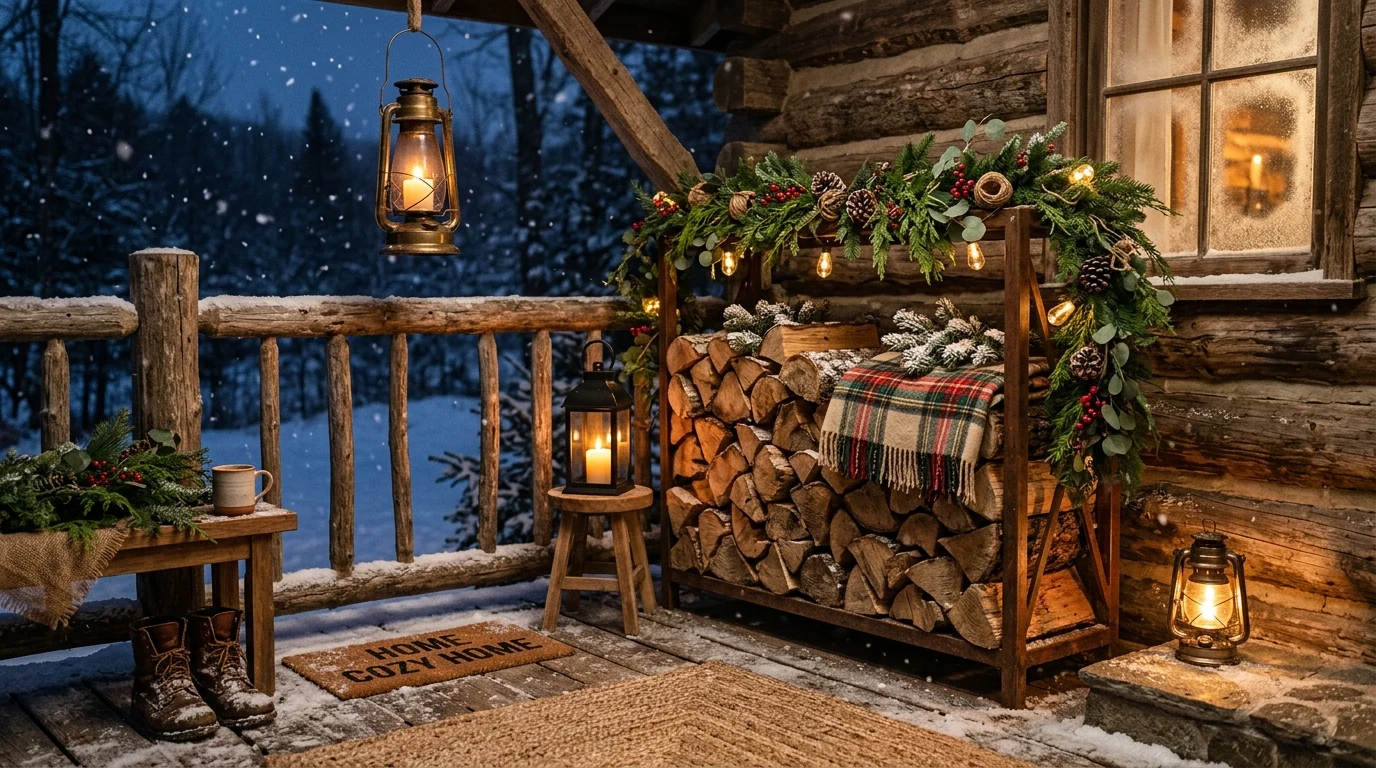 Modern winter porch in black and white with clean evergreen accents.
