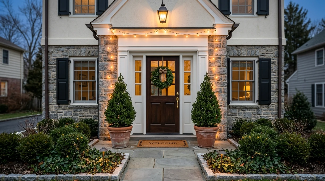 Winter porch urns filled with berries and seasonal greenery.