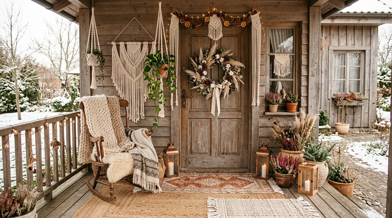 Winter porch door decorated with brass bells for a warm seasonal welcome.