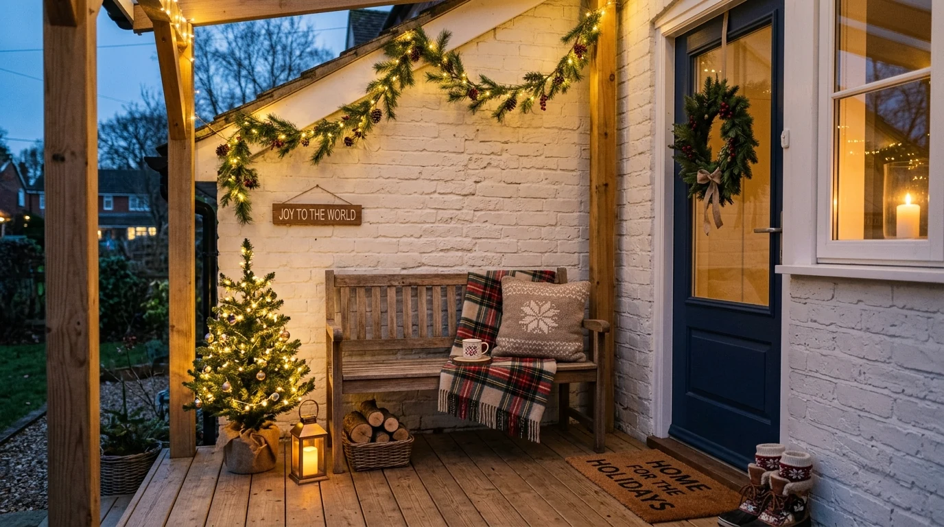 Snowy white winter porch decor with pale branches and soft seasonal lighting.
