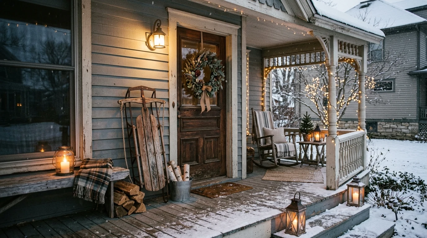 Winter porch with stacked firewood and practical seasonal styling.