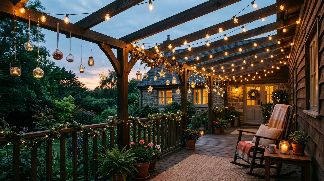 Cottage winter porch decorated with soft greenery and muted seasonal details.
