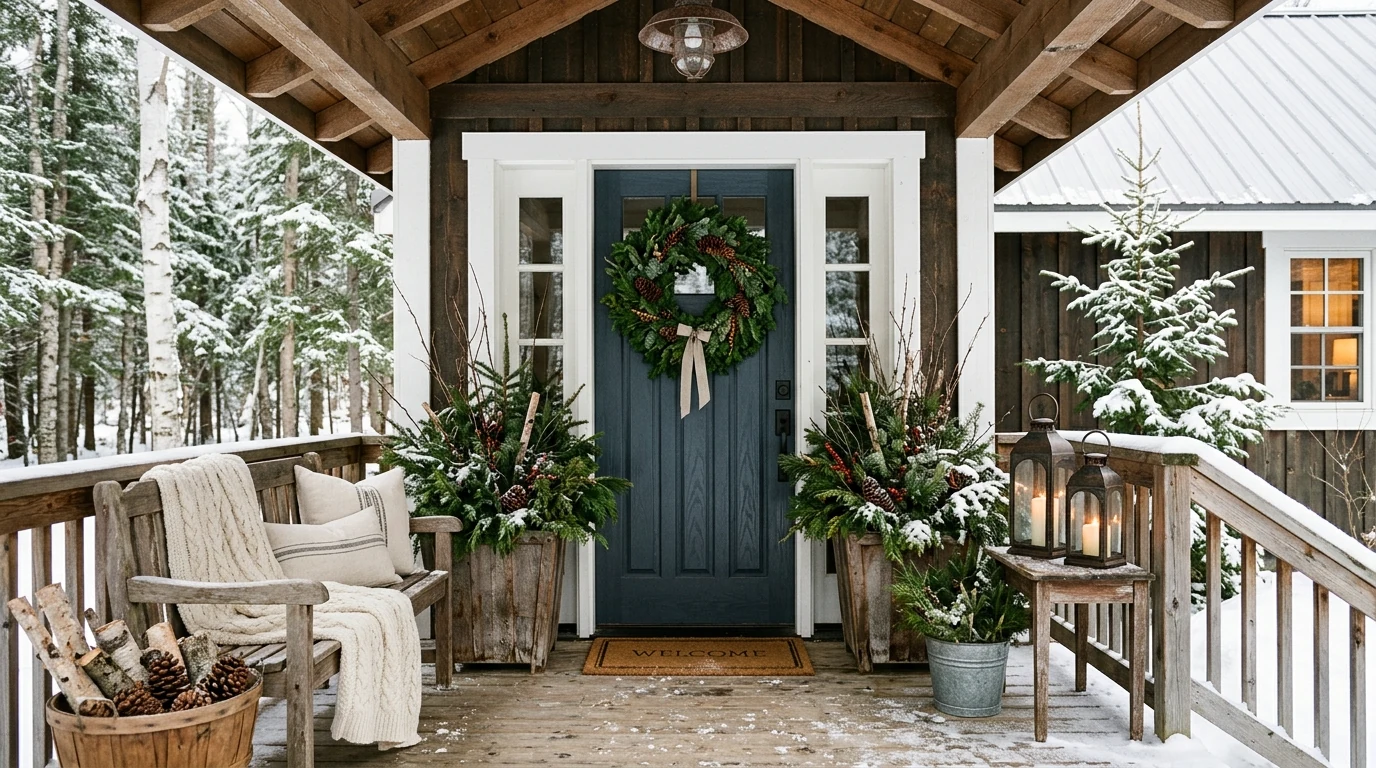 Symmetrical winter porch decor with matching planters and a centered wreath.