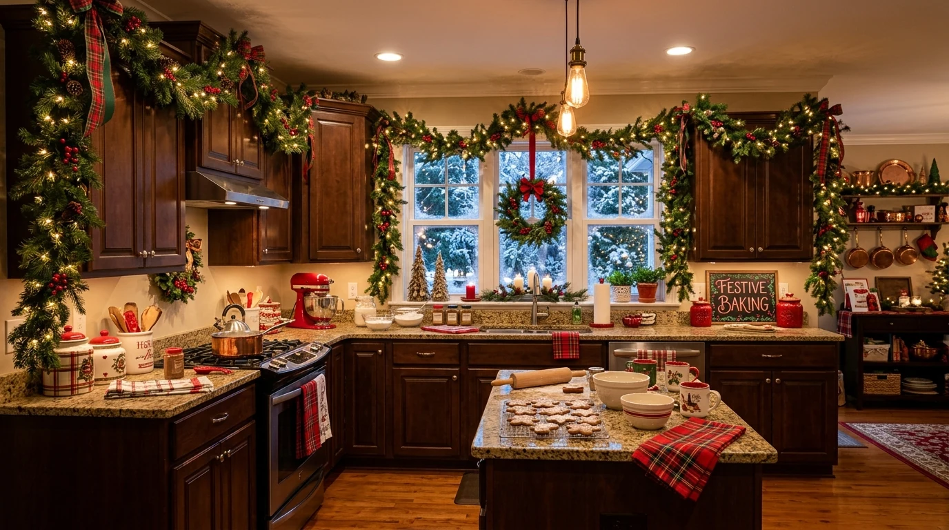 Jolly Christmas kitchen styled for baking season with garland and festive details.