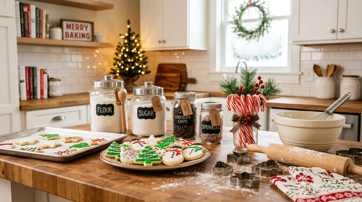 Kitchen range hood decorated with a small Christmas wreath.