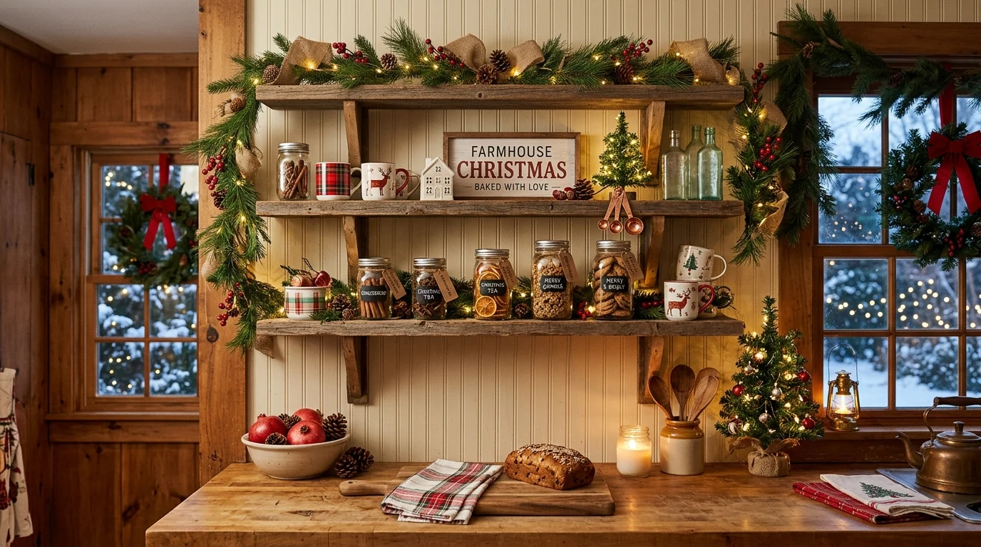 Christmas mugs displayed on kitchen shelves for holiday styling.