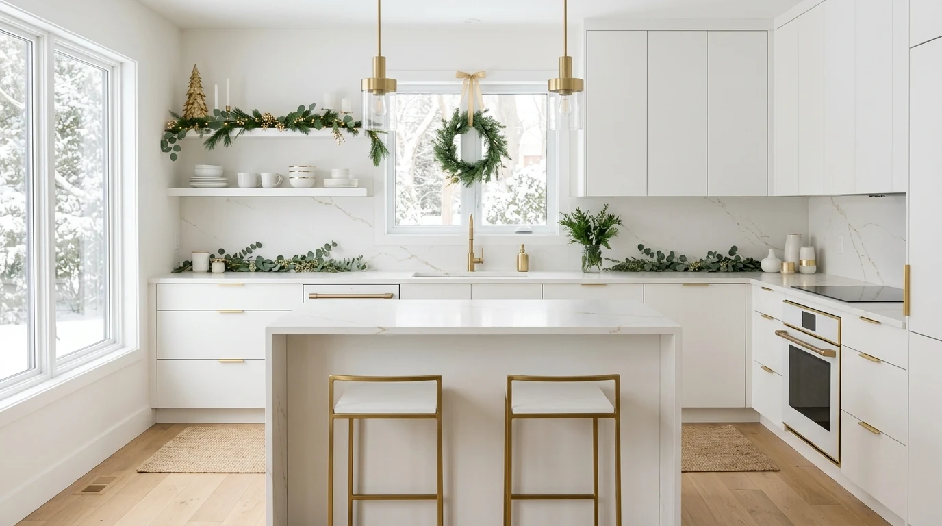 Festive kitchen counter styled with gingerbread houses and holiday baking decor.