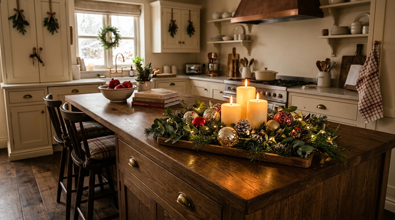 Christmas kitchen styled with seasonal tea towels in red and plaid.