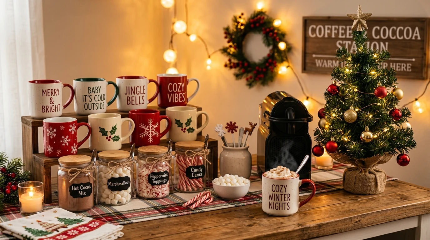 Holiday hot cocoa station arranged in a cozy Christmas kitchen.