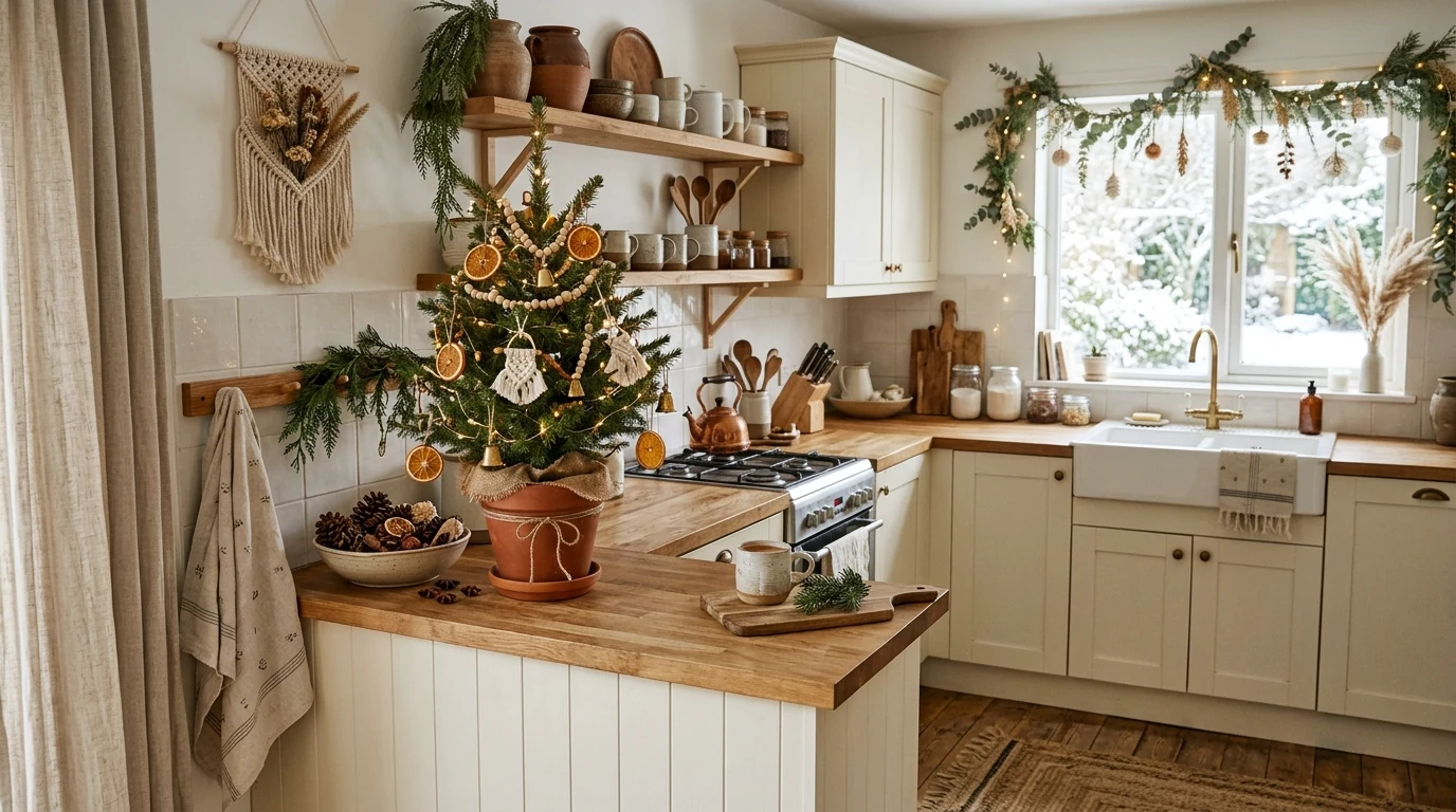 Christmas kitchen island centerpiece with ornaments, oranges, and greenery.