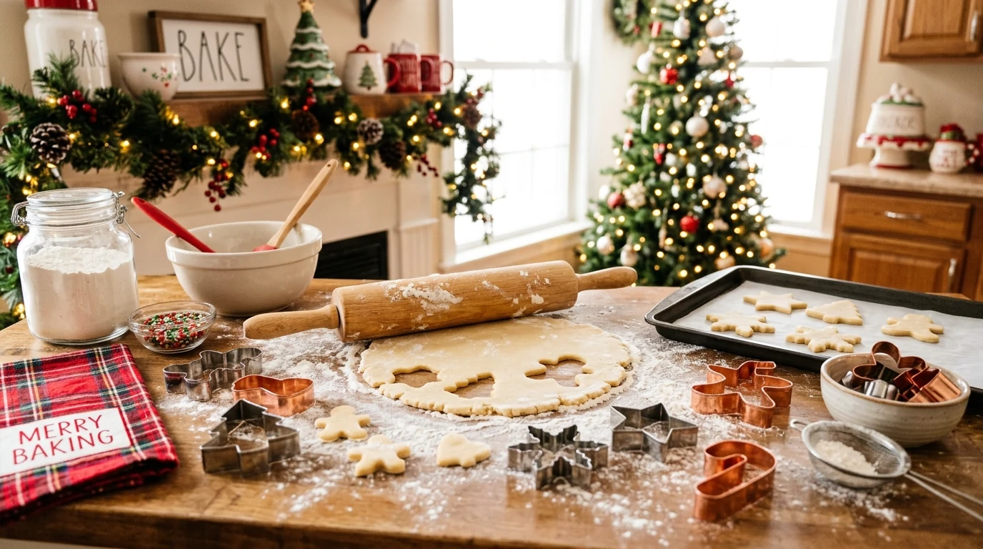 Kitchen window decorated with Christmas greenery and hanging bells.