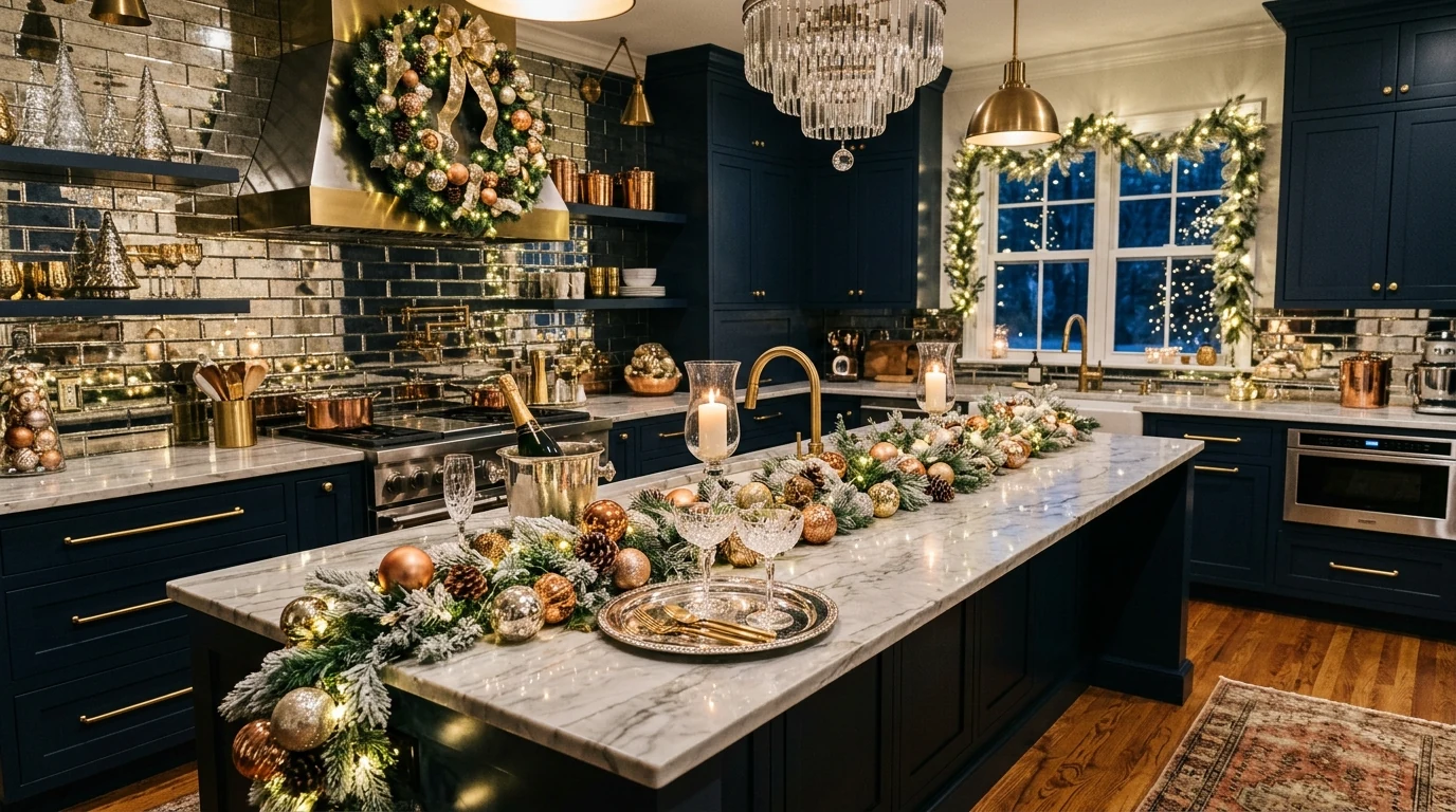Christmas kitchen counter styled with wood boards and mini trees.