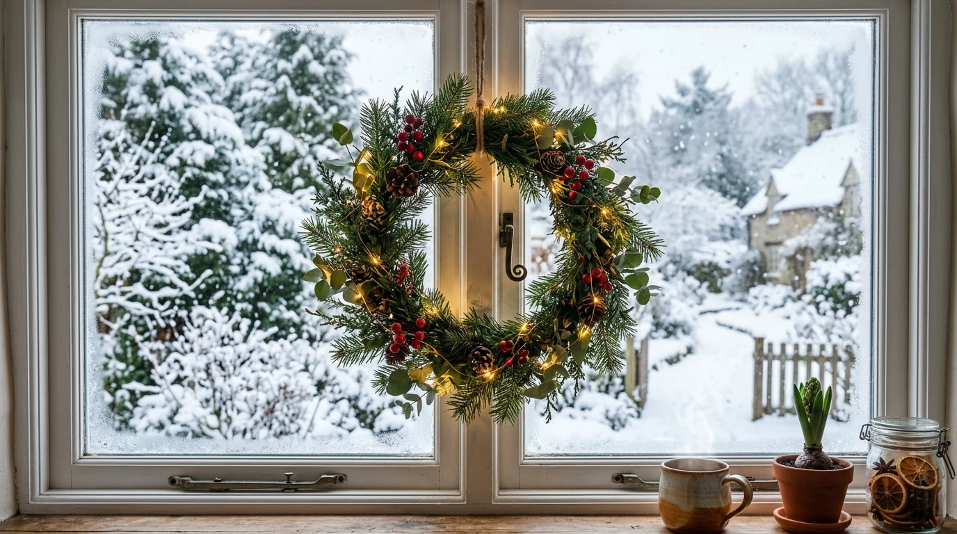 Kitchen sink area decorated with subtle Christmas styling and greenery.