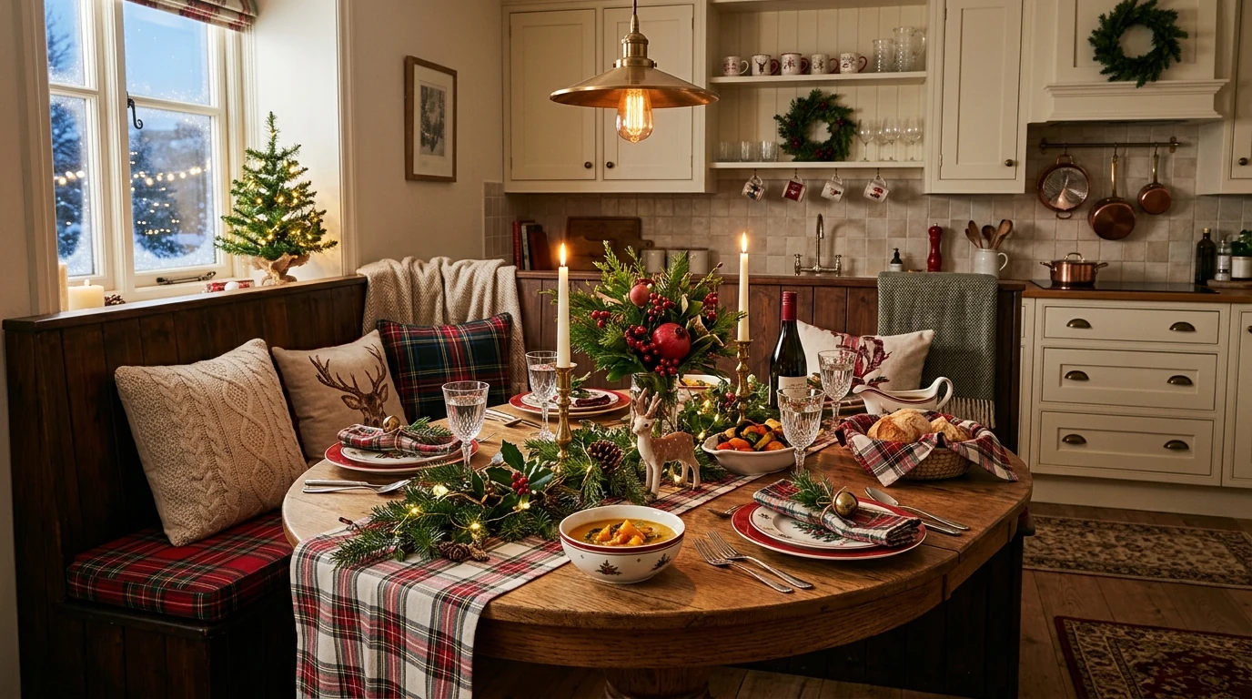Holiday baking tray display in a Christmas-decorated kitchen.