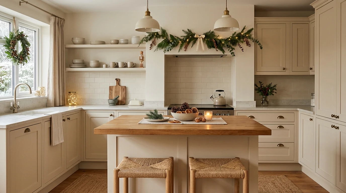 Kitchen stools decorated with ribbon bows for Christmas.