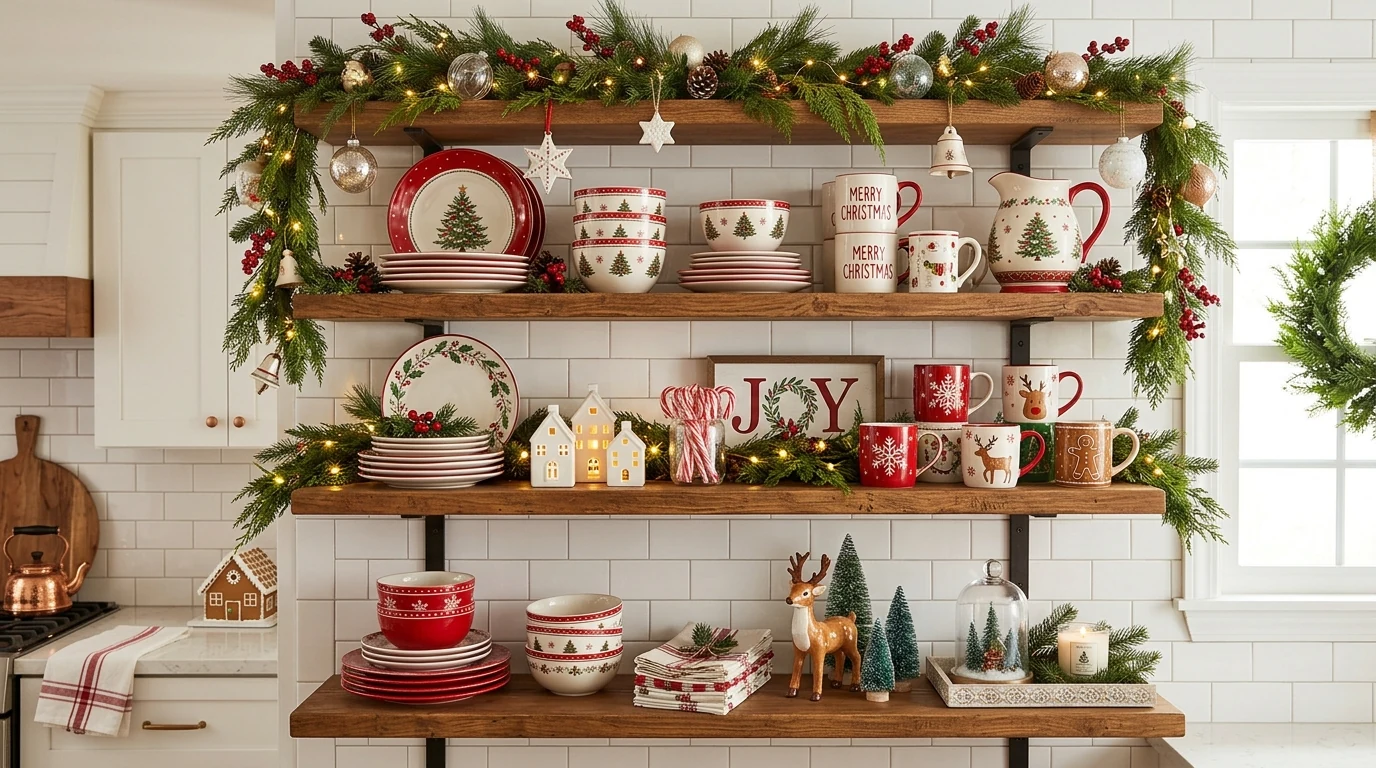 Christmas kitchen counter styled with brass candles and greenery.