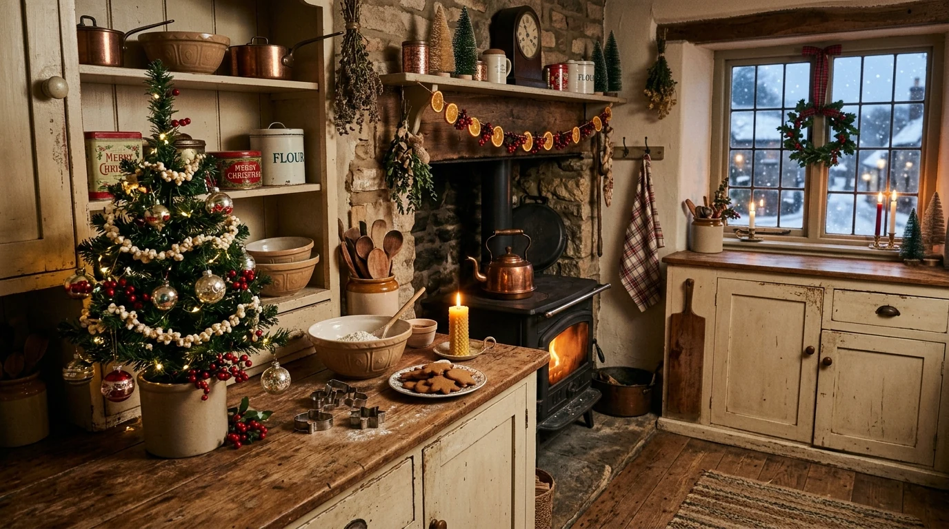 Christmas coffee nook decorated with garland, mugs, and festive accents.