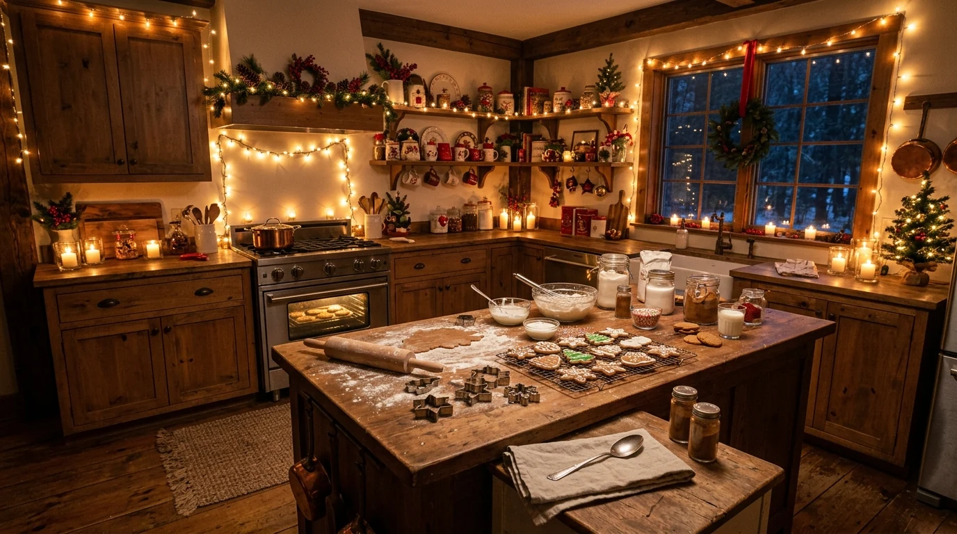 Festive kitchen island with practical Christmas decor and open prep space.