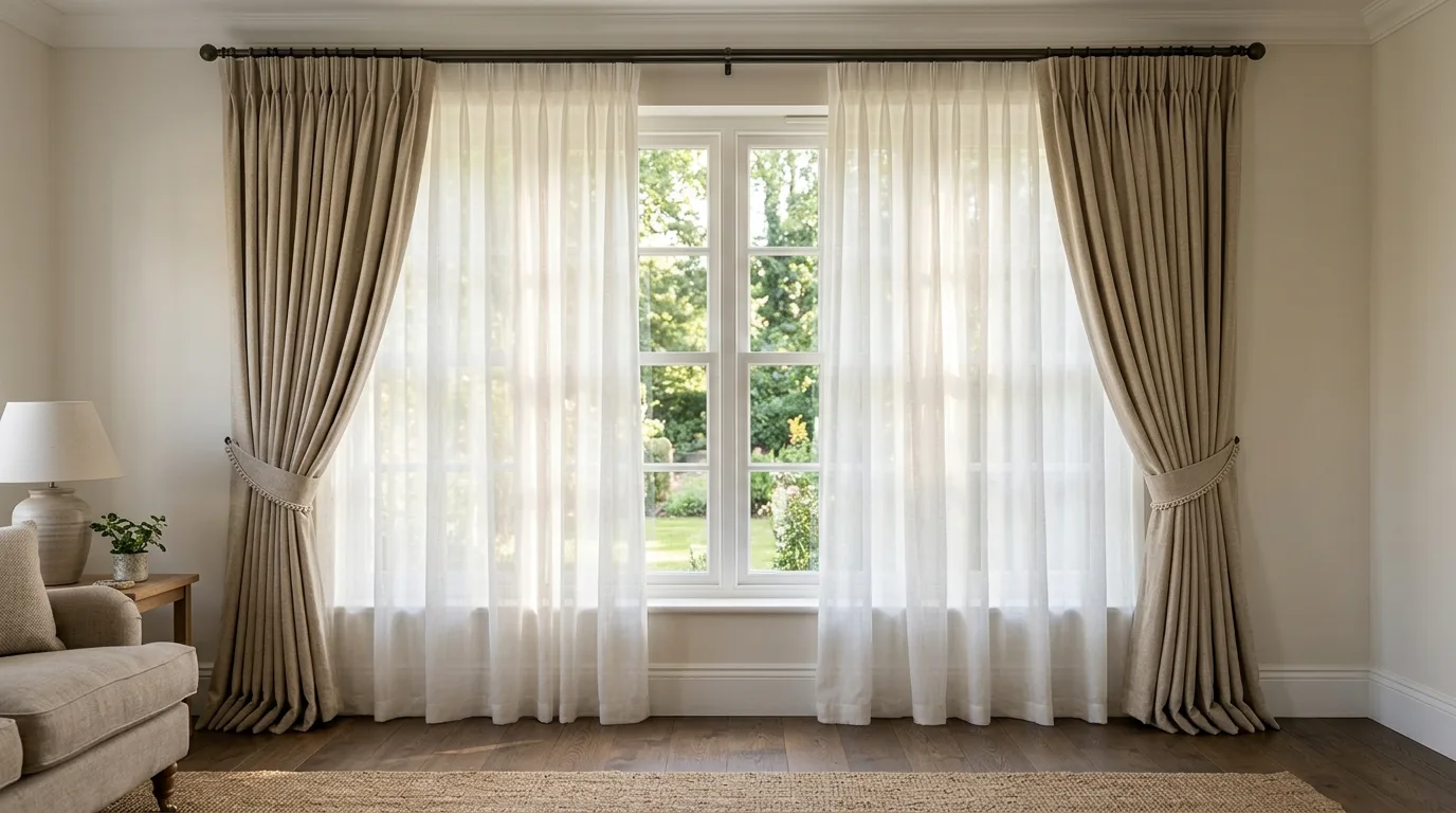 Layered window treatments balancing light and privacy in a styled room.