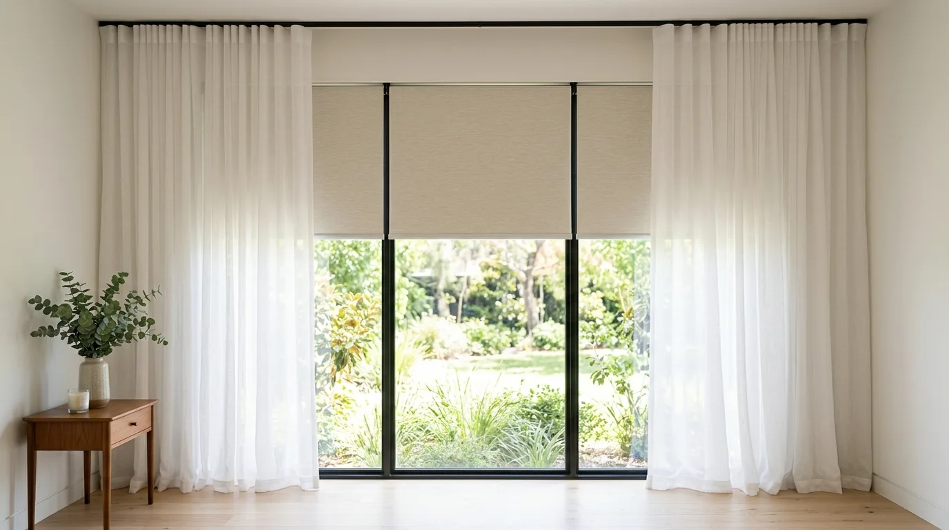 Layered window treatment with sheers and blackout panels in a stylish bedroom.