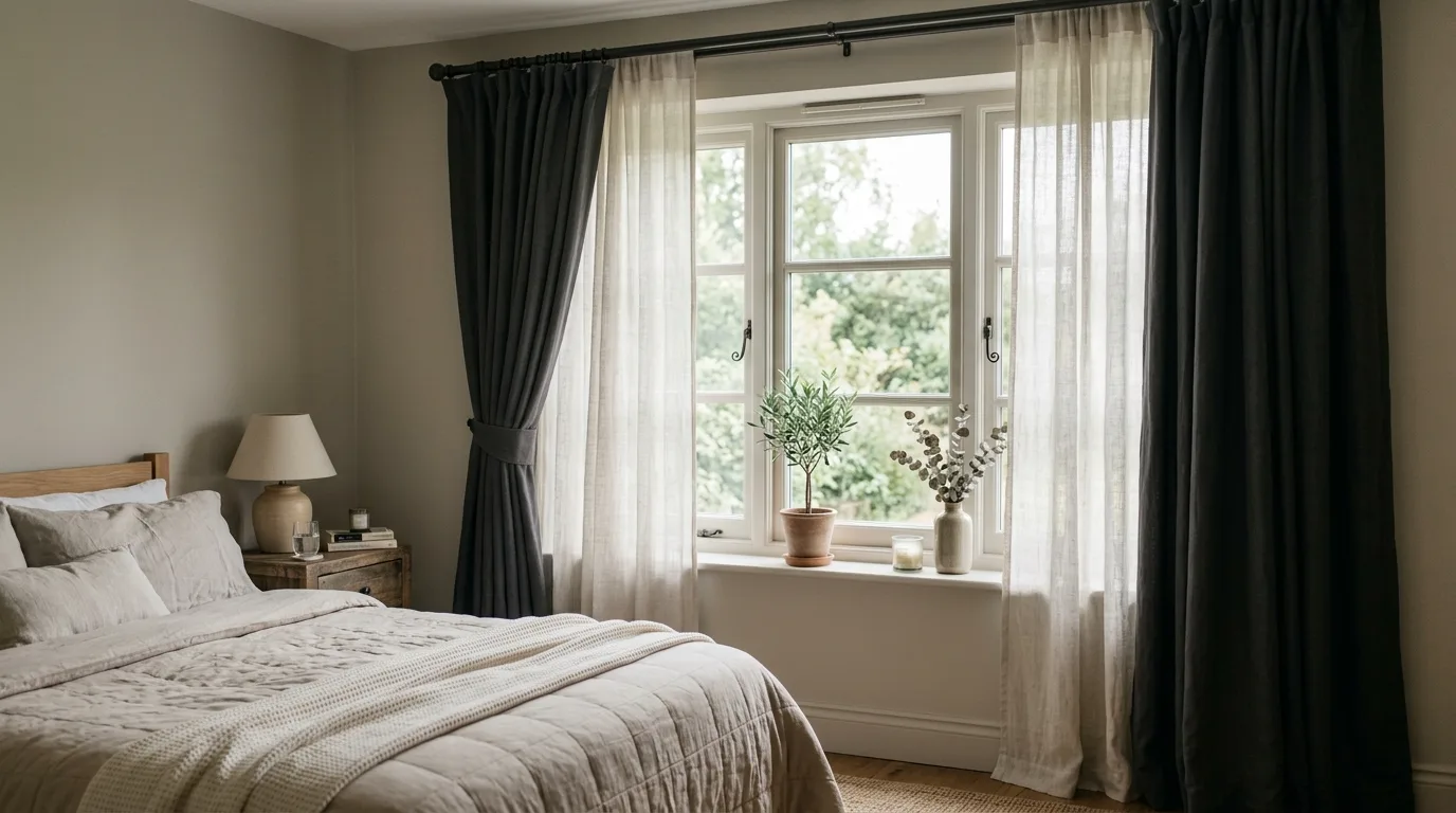 Natural woven shades filtering daylight in a calm, stylish room.