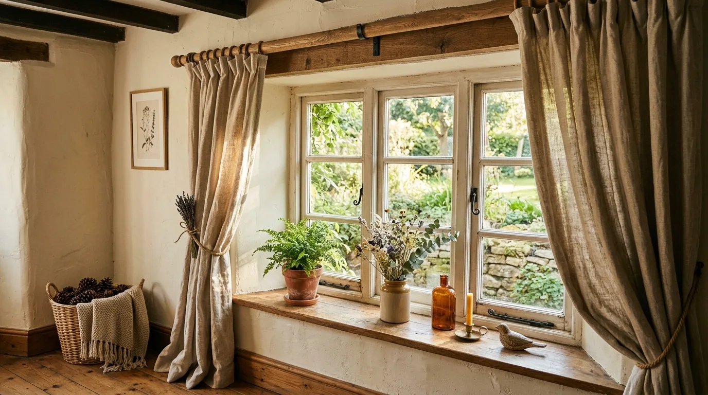 Styled living room window with muted patterned curtain panels.