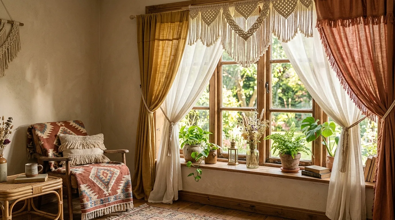 Charming cafe curtains in a bright kitchen window with elegant styling.