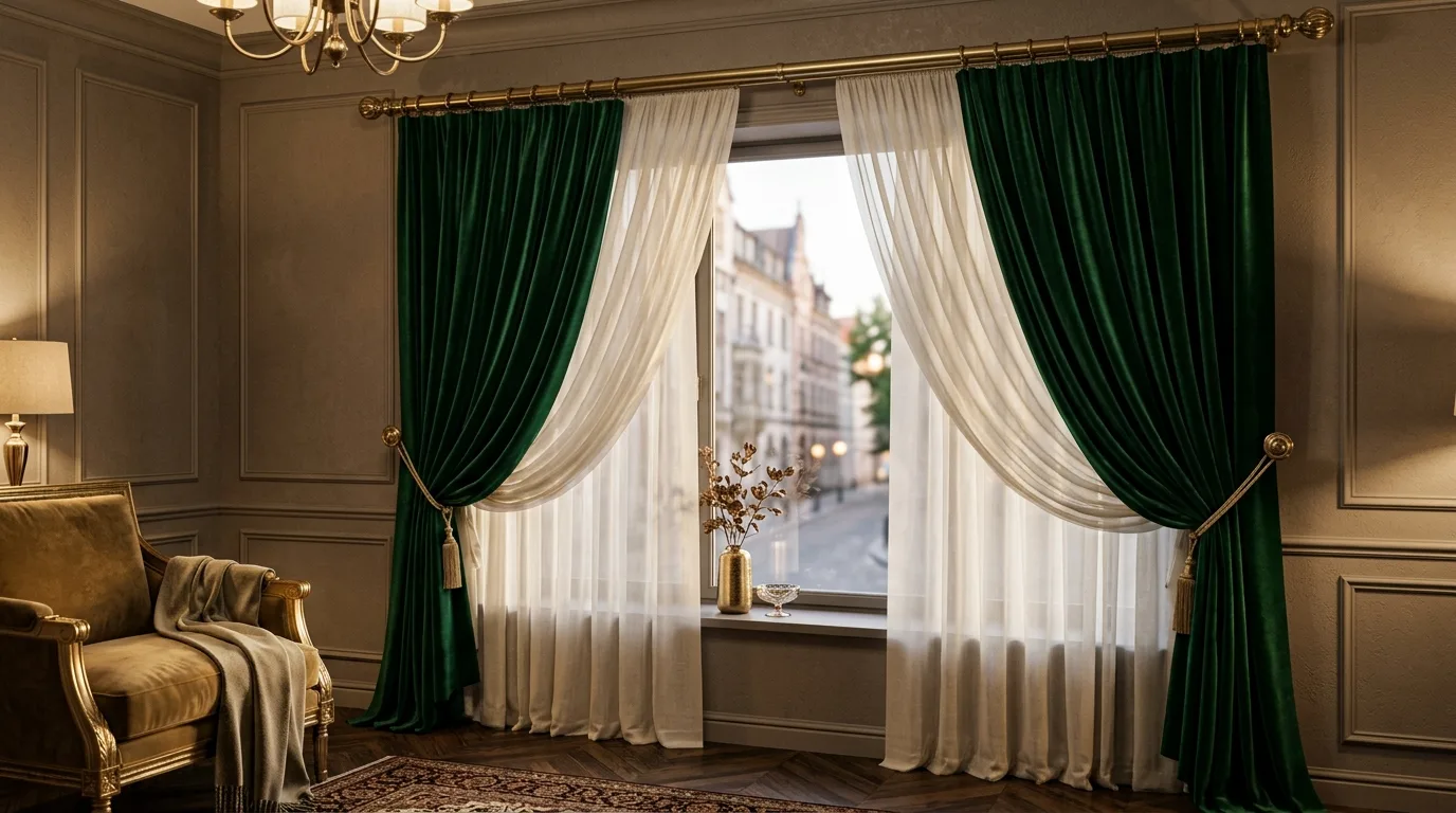 Dramatic dark drapes framing a tall elegant window in a moody room.
