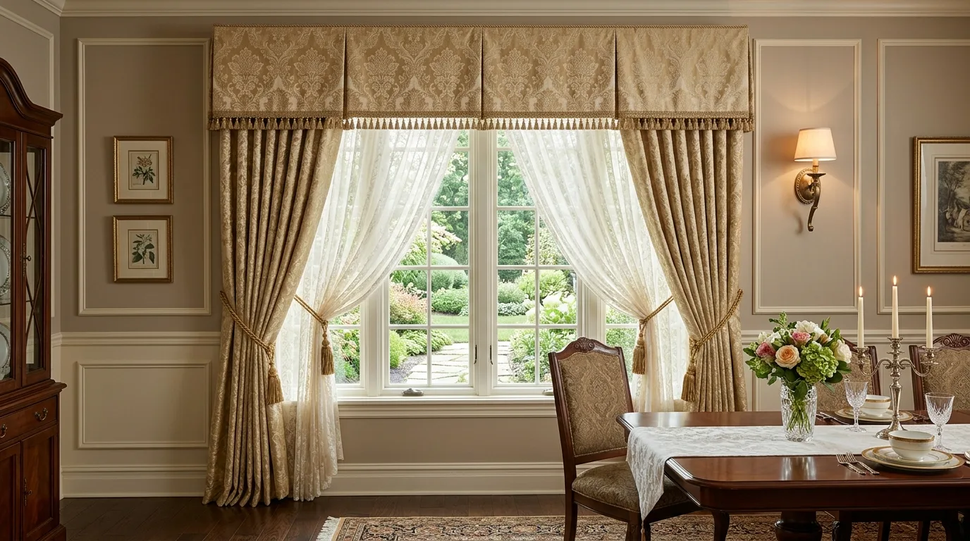 Updated valance window treatment with a simple tailored silhouette.