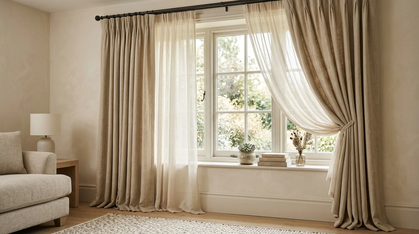 Double-rod curtain layering with sheer and heavier drapes on a large window.