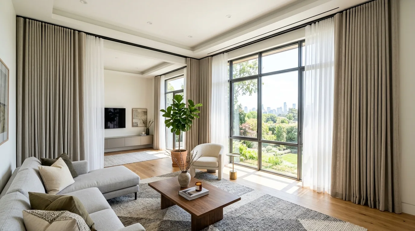 Elegant window treatment with refined hardware and full drapery panels.