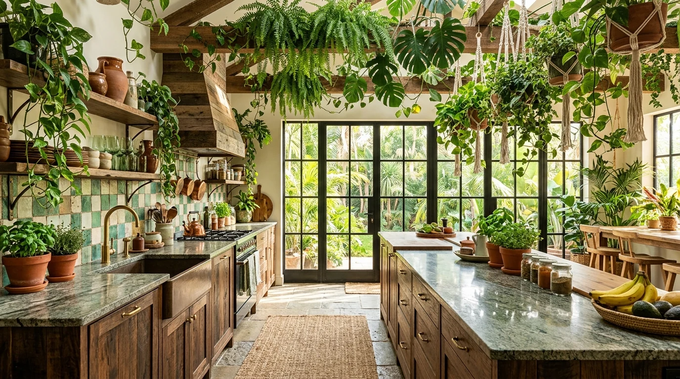 Lush jungle oasis kitchen designed as a plant-filled cookspace.