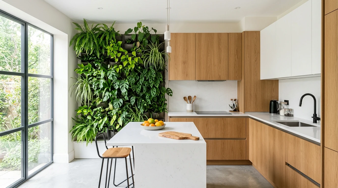 Plant-filled kitchen with hanging greenery above the preparation area.