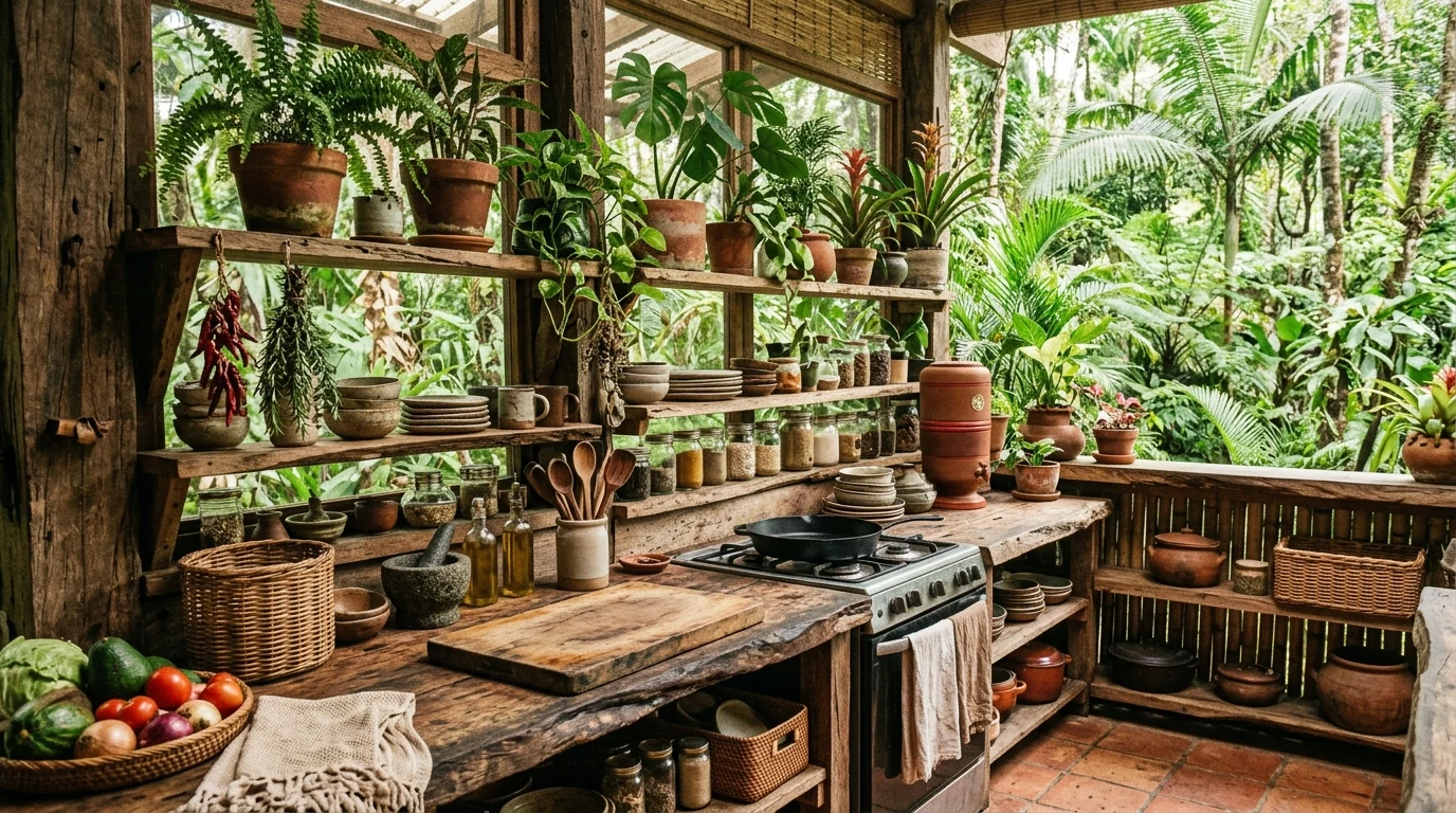 Lush kitchen with warm wood cabinets and tropical plant texture.