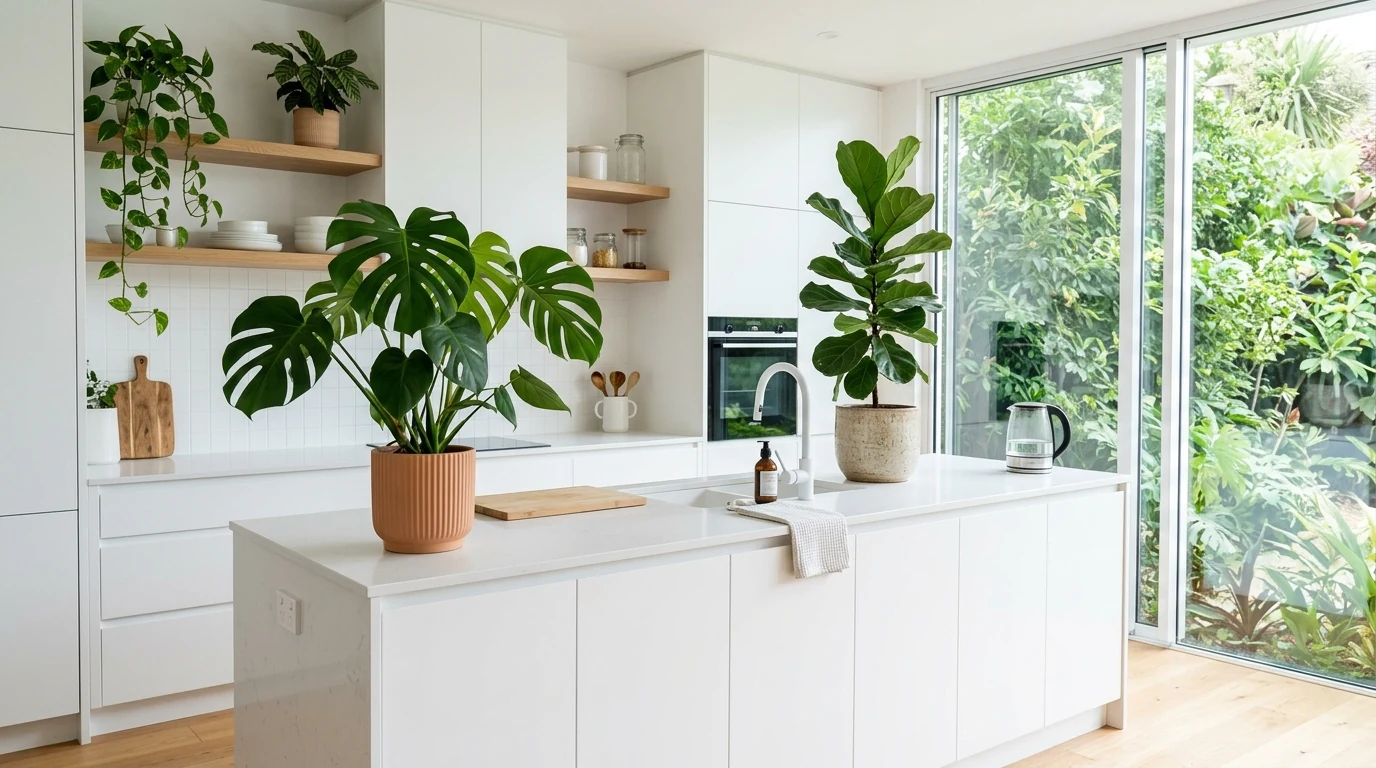 Jungle-style kitchen window filled with herbs and a mini greenhouse feel.
