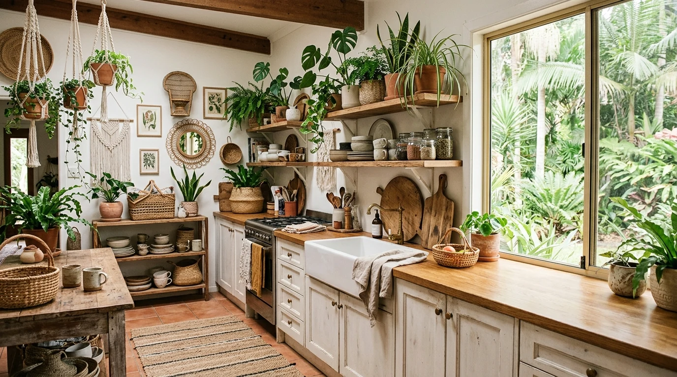 Plant-filled cookspace with stone countertops and botanical decor accents.