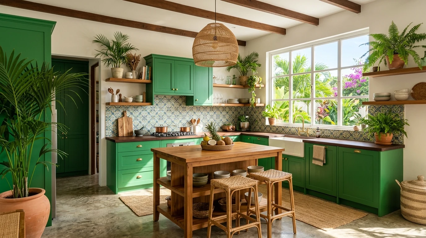 Jungle oasis kitchen with dark green cabinets and lush layered styling.