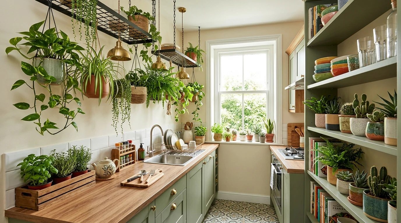 Plant-filled kitchen island with rattan pendants and warm tropical texture.