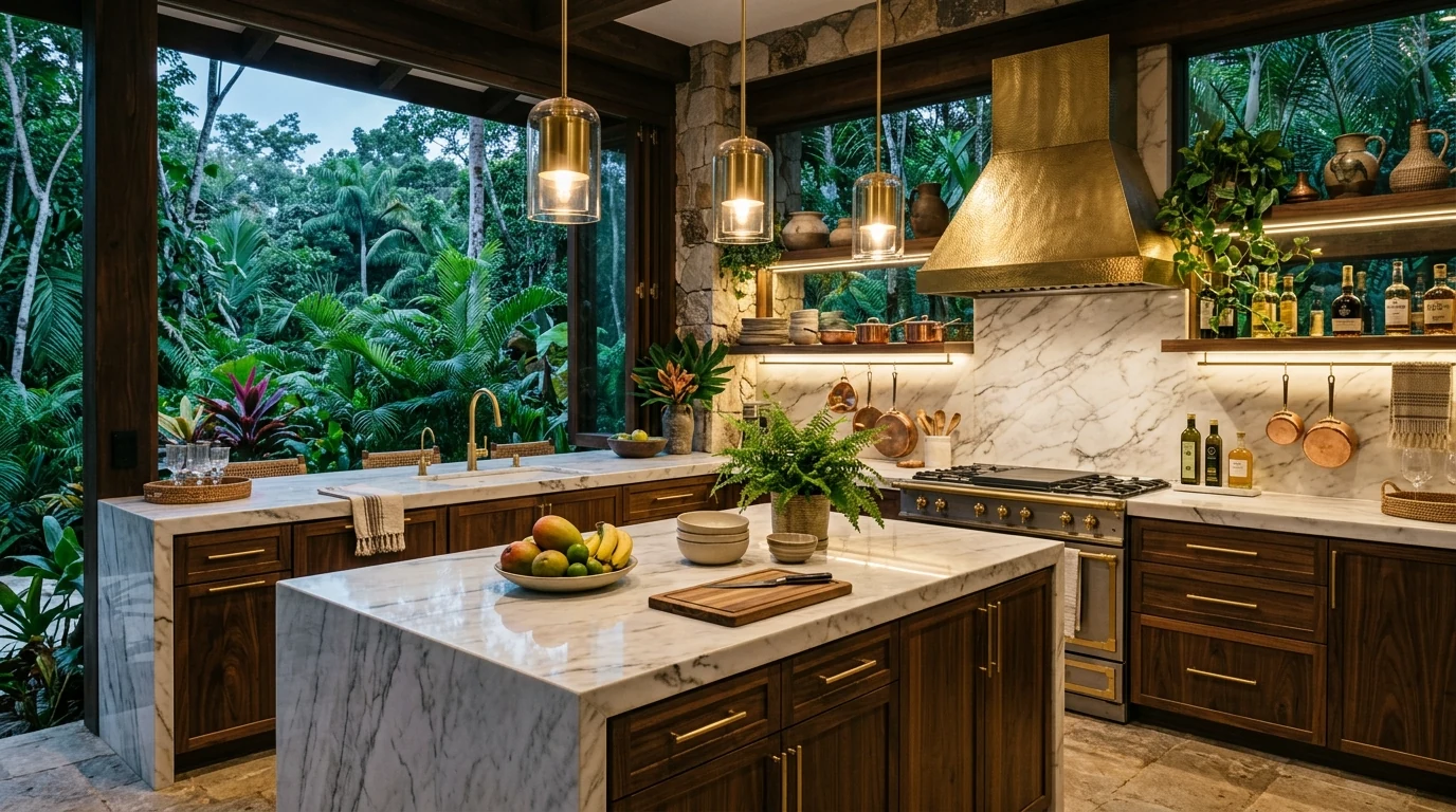 Lush kitchen with a functional herb wall and tropical greenery.