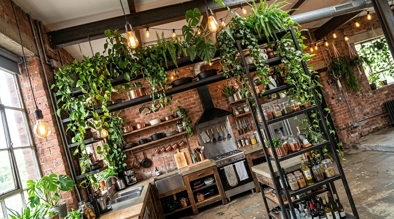 Jungle-inspired kitchen with patterned tile and botanical styling.