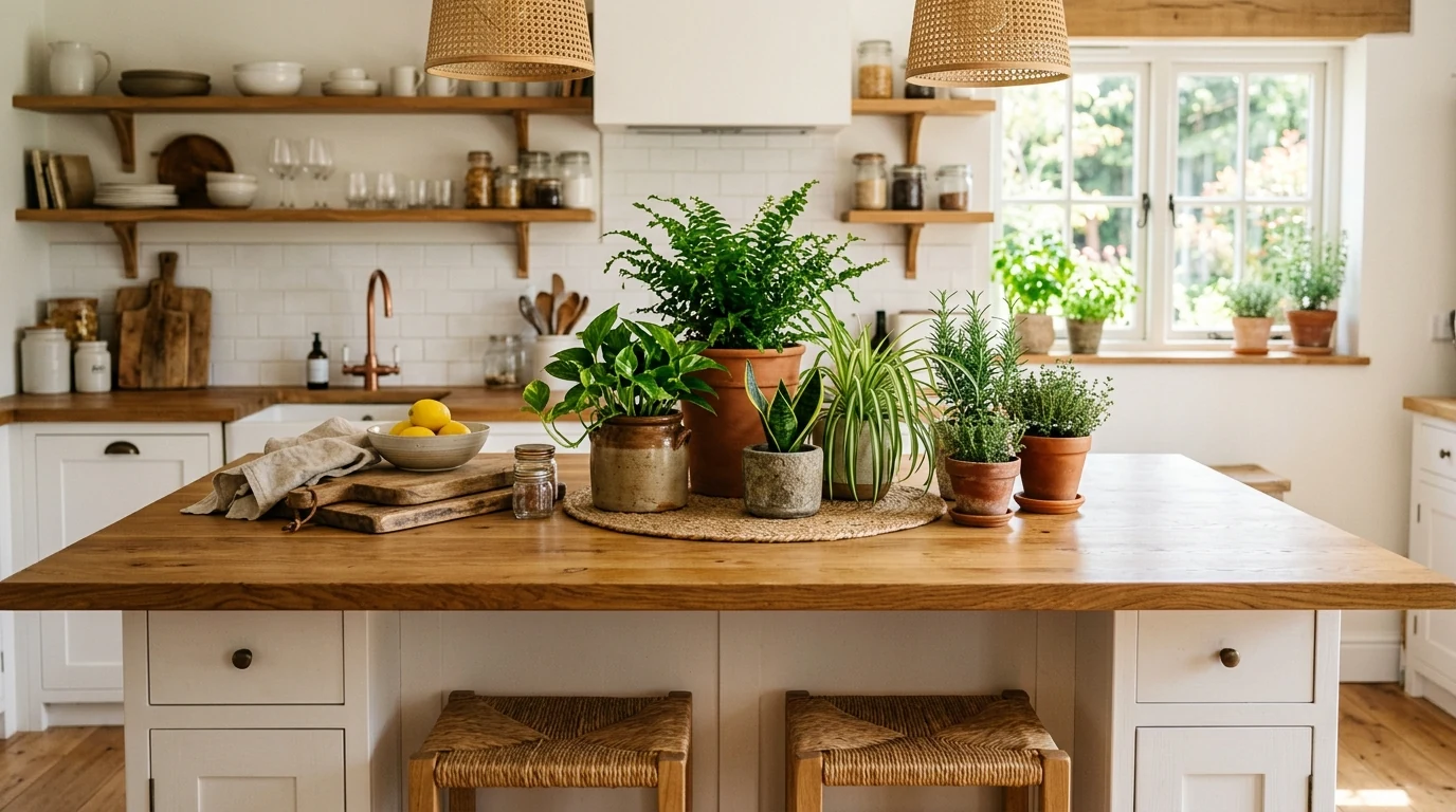 Small plant-filled kitchen styled with strategic green layers and lush decor.