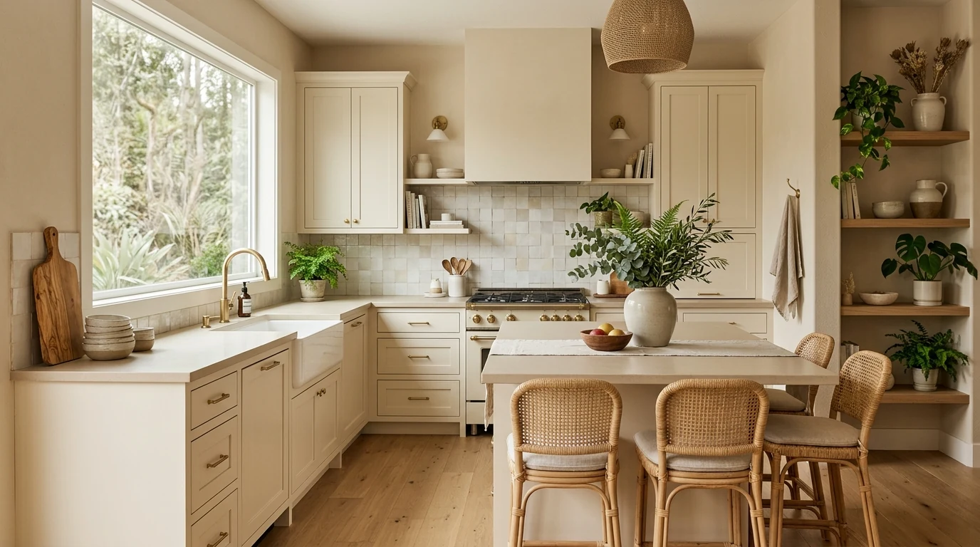Jungle oasis kitchen with clay pots and collected ceramics among greenery.