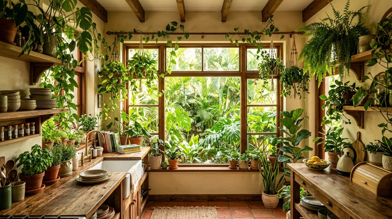 Fully layered jungle oasis kitchen designed as a lush plant-filled cookspace.