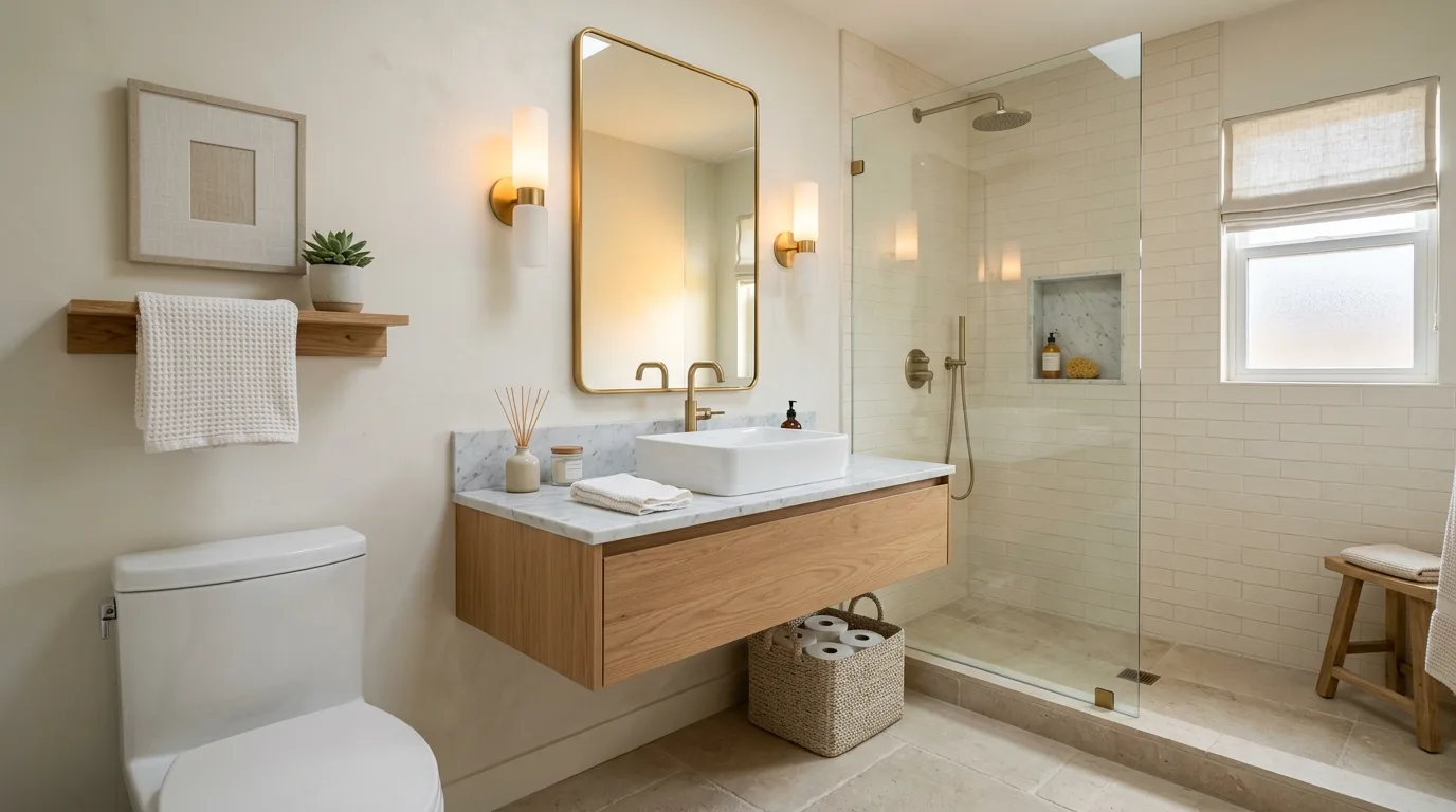 Luxe small bathroom with spa-like finishes, floating vanity, and calm styling.