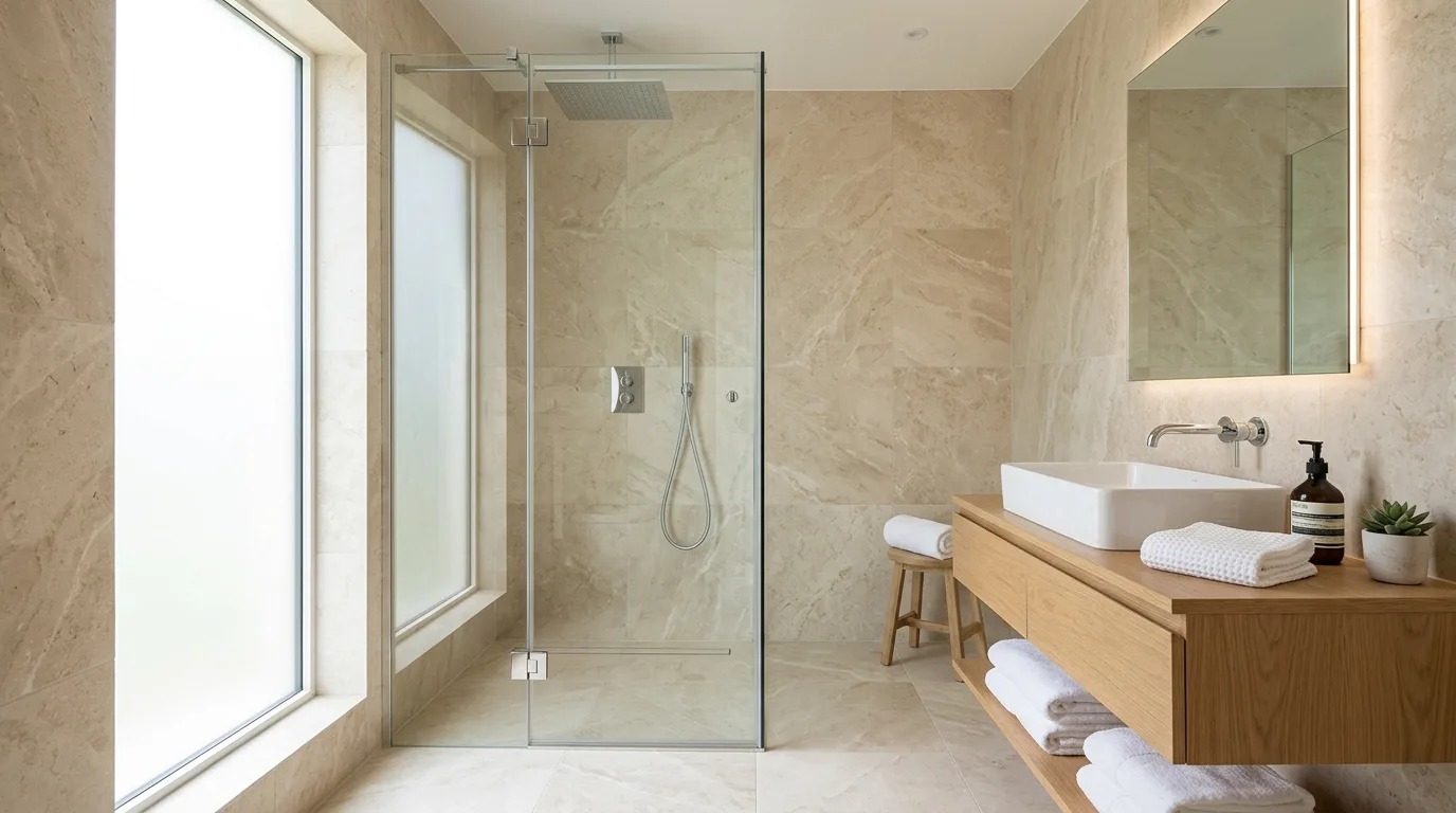 Small bathroom with a floating vanity and airy open floor space.