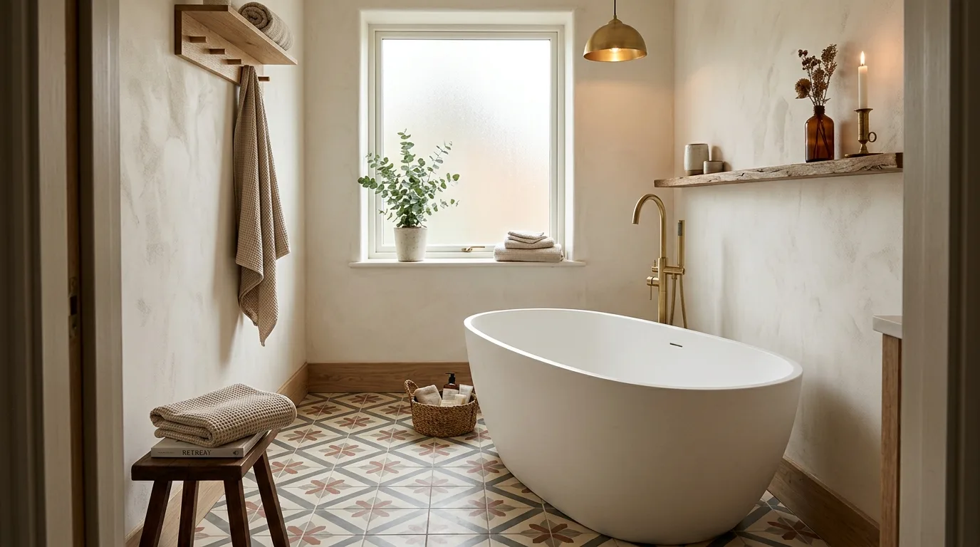 Compact bathroom with a glass shower screen and clean open look.