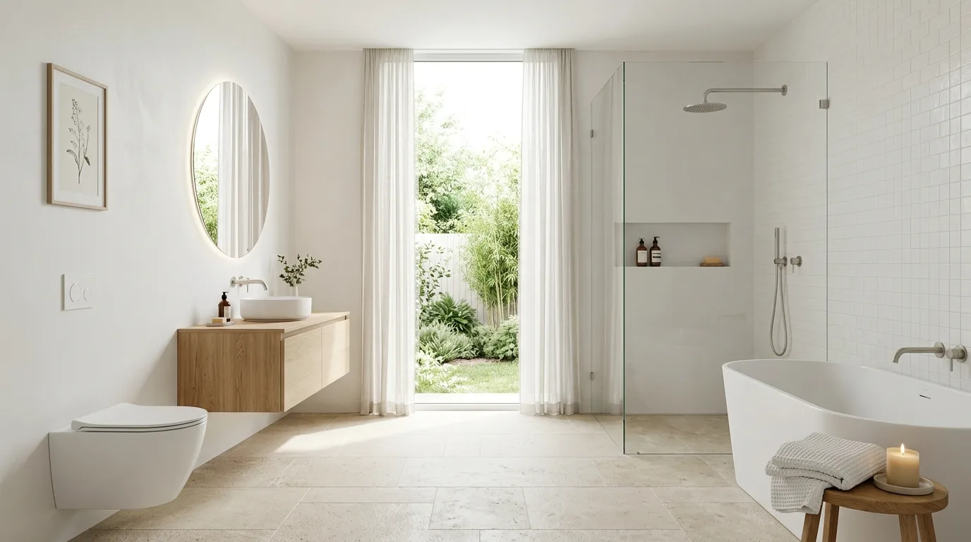 Small bathroom with vertical tile emphasizing height.