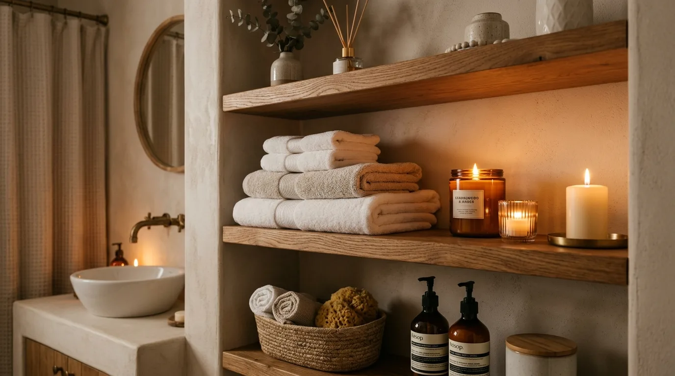 Luxurious small bathroom with warm vanity lighting and soft finishes.