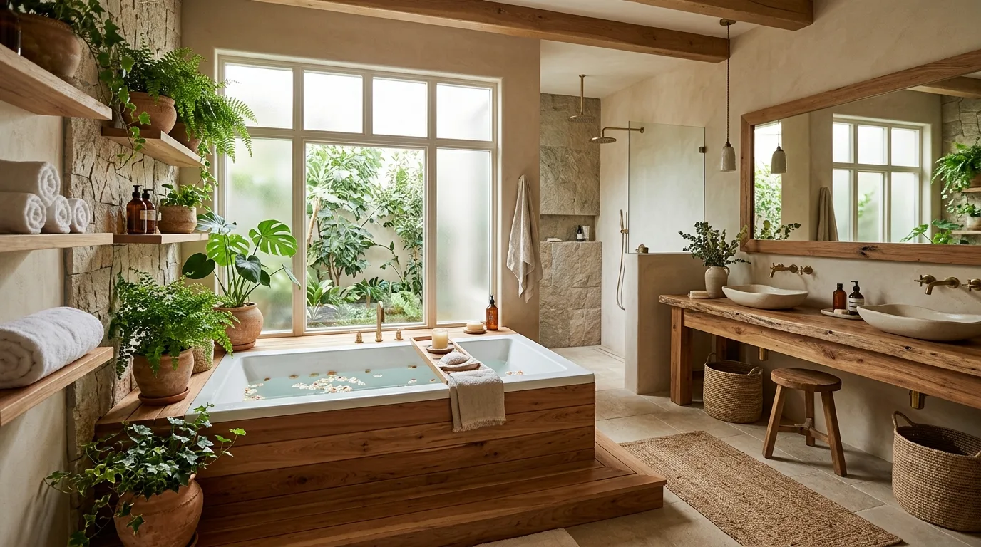 Small bathroom with stone-look surfaces creating a spa-like feel.